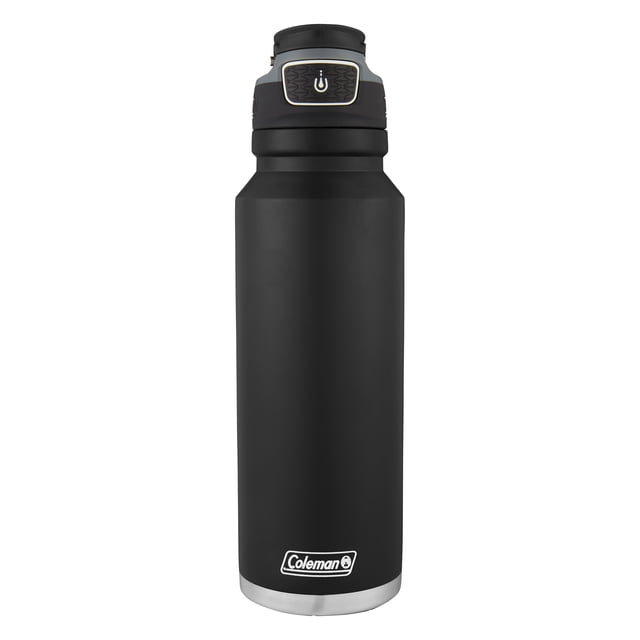 Coleman FreeFlow AUTOSEAL Stainless Steel Water Bottle, 40 oz (1.18 L), Black, with double-walled vacuum-insulated 18/8 stainless steel body keeping drinks cold up to 58 hours or hot up to 20 hours, featuring a button-operated AUTOSEAL lid with slide lock, protective spout cover, and bolted carrying handle for spill-free hydration.