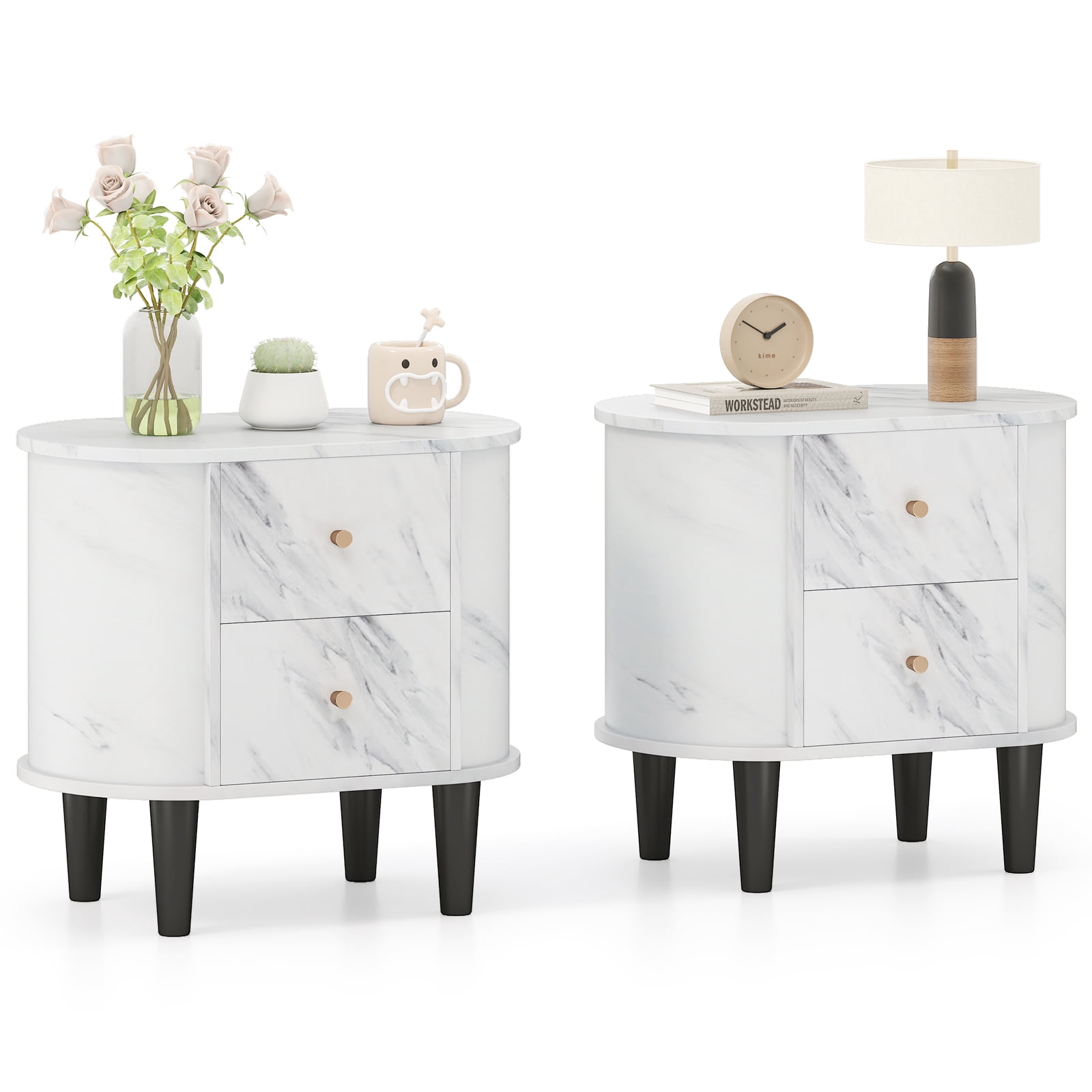 Gymax 2PCS Nightstand w/ 2 Drawers Faux Marble Bedside Table for Small Space
