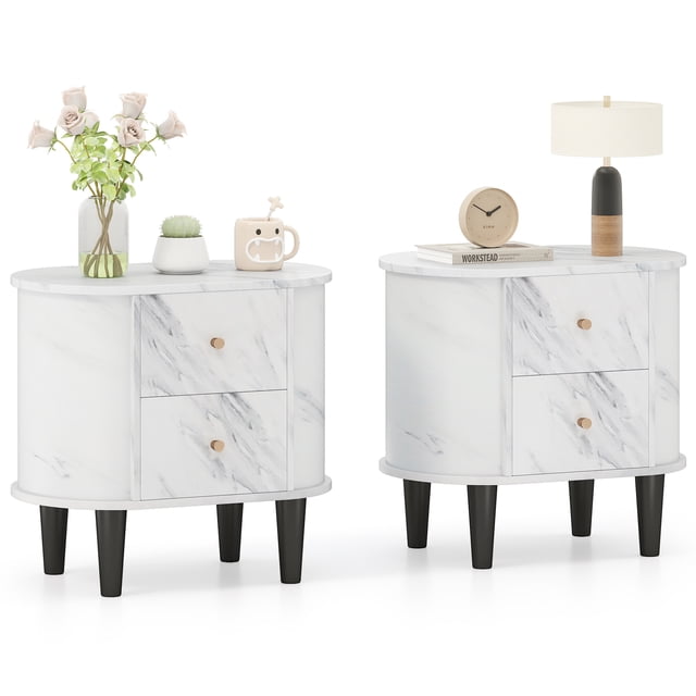 Gymax Table de Chevet 2 Pcs avec 2 Tiroirs Table de Chevet en Faux Marbre pour Petit Espace