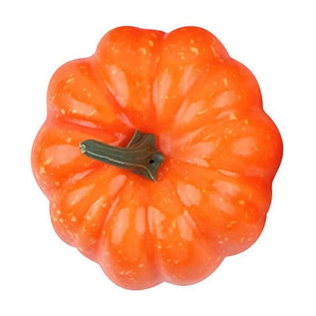 Rbaofujie Artificial Pumpkins Mini Fake Pumpkins for Halloween, featuring a vibrant orange foam pumpkin with a realistic green stem. The pumpkin measures approximately 8.5x5 cm (3.35x1.97 inches) and is designed for decorative use in Halloween, Thanksgiving, and themed events. Its lifelike texture and durable foam construction make it suitable for table displays, wreaths, or floral arrangements. Ideal for adding a festive touch to homes, parties, or seasonal décor.