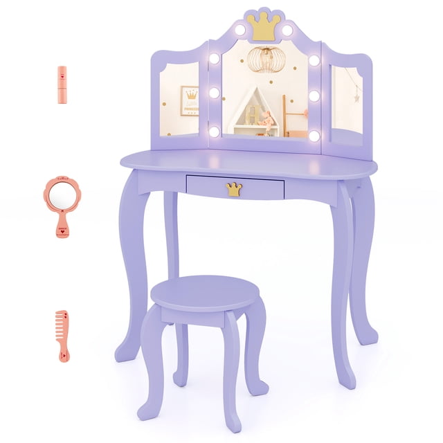 Costway Kids Vanity Set Princess Vanity Table & Chair Set with Lighted Mirror in purple. A kids' furniture piece featuring a tri-folding shatter-proof acrylic mirror with crown accents, adjustable LED lights in three colors, and a pull-out drawer for pretend play storage. Includes a matching stool, toy lipstick, hand mirror, and comb. Designed for children aged 3-7 years, with anti-slip foot pads and anti-toppling device for stability.