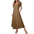 thumbnail image 1 of LOVZFMLL Robes Maxi pour Femmes Été Décontracté Manches Courtes Pétale Col en V Ligne A Longues Robes Évasées Fluides Robes T-Shirt avec Poches Café TTG, 1 of 8