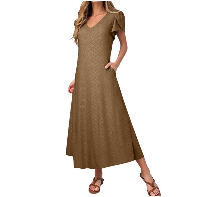 LOVZFMLL Robes Maxi pour Femmes Été Décontracté Manches Courtes Pétale Col en V Ligne A Longues Robes Évasées Fluides Robes T-Shirt avec Poches Café TTG