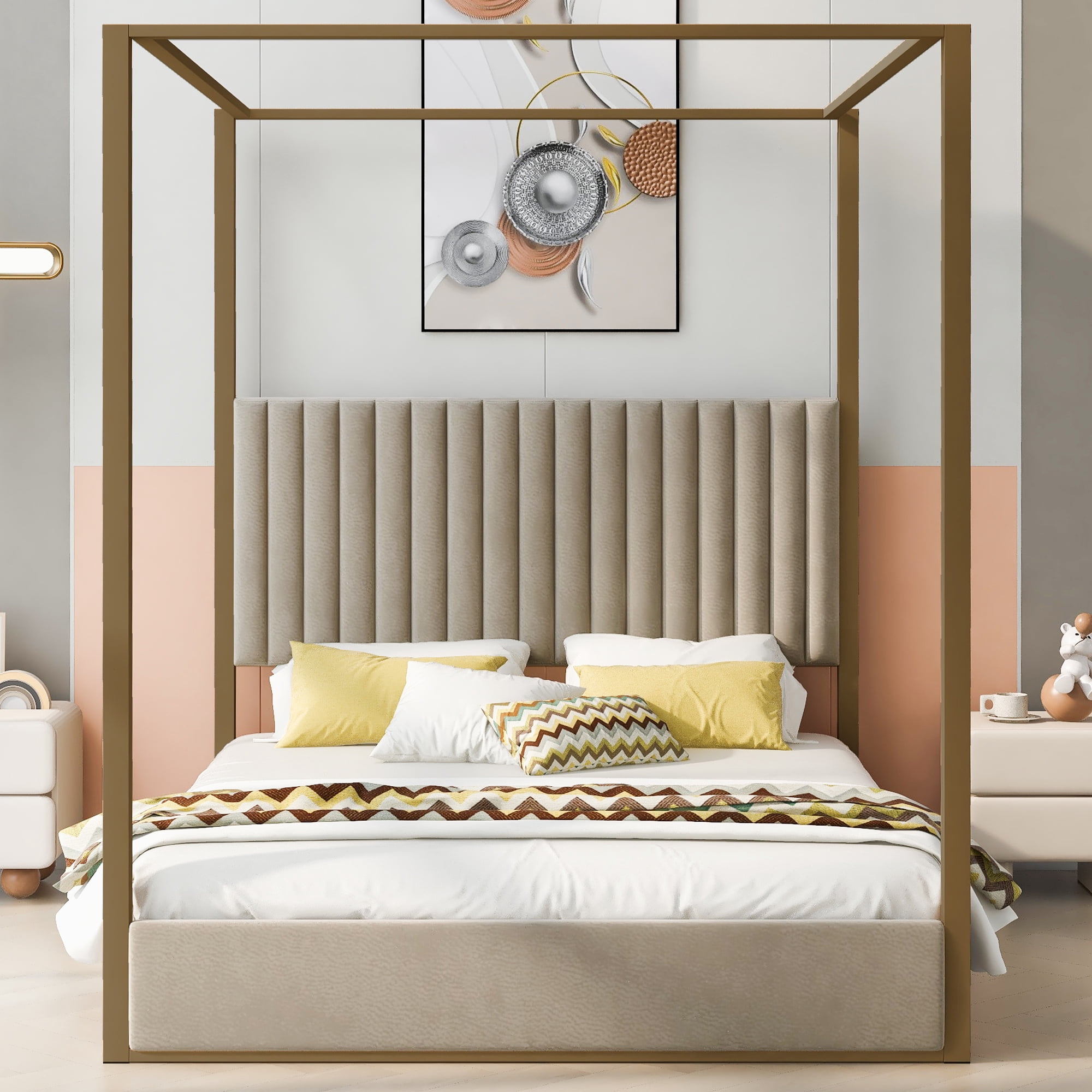 Noble House Queen Size Upholstery Canopy Platform Bed with Headboard and Metal Frame, Beige
