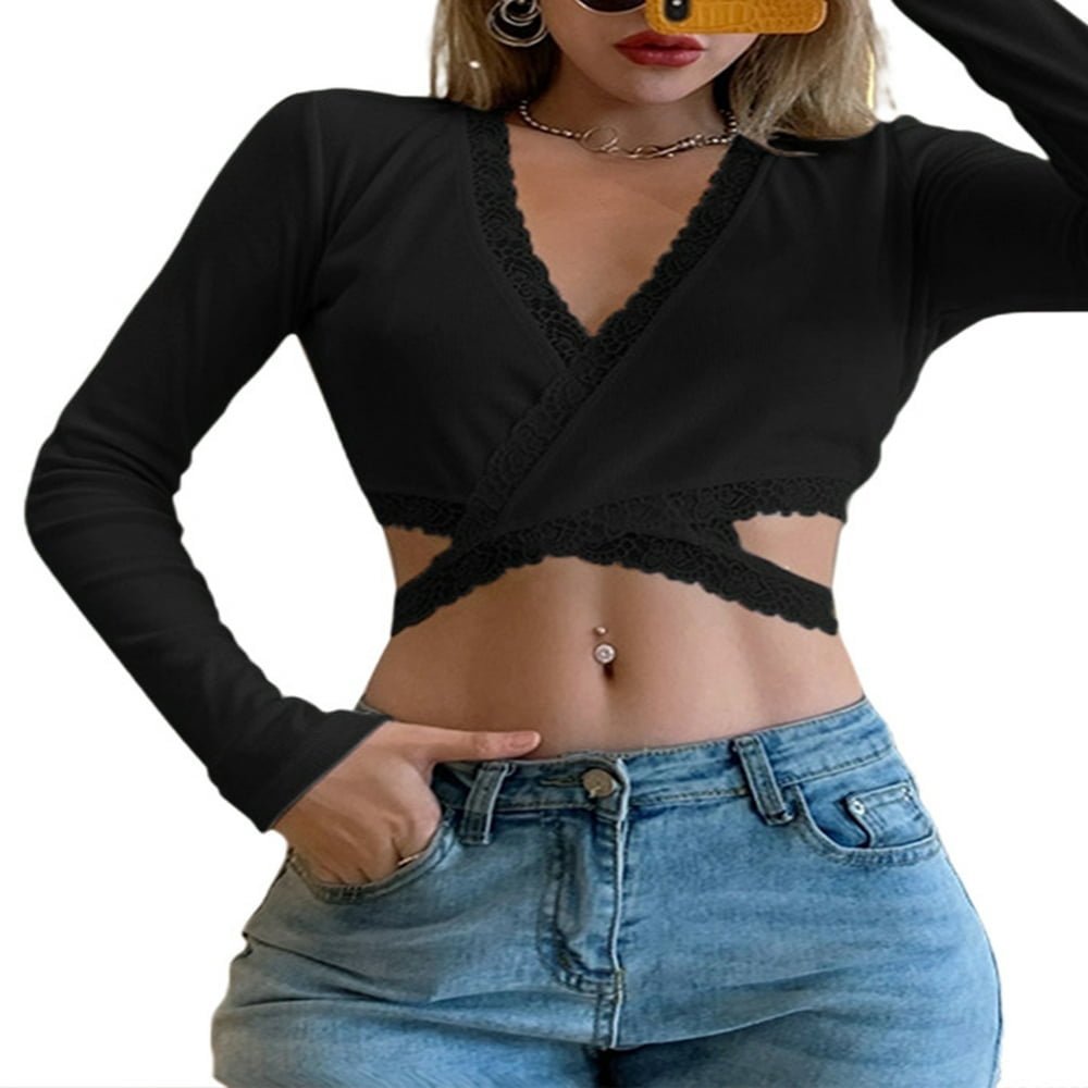Women T-shirts Lace Spliced Slim Cross Knot Crop Tops Elastic Tee