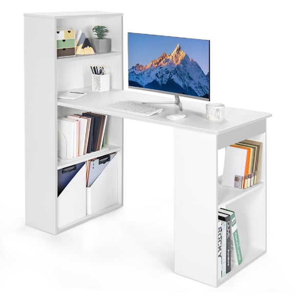 Patiojoy 48 Inch Computer Desk with Bookshelf 3-in-1 Home office Desk with 4-Tier Bookcase & CPU Stand Space-saving Reversible Writing Desk White