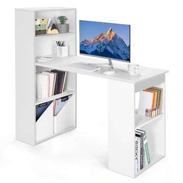 Patiojoy 48 Inch Computer Desk with Bookshelf 3-in-1 Home office Desk with 4-Tier Bookcase & CPU Stand Space-saving Reversible Writing Desk White