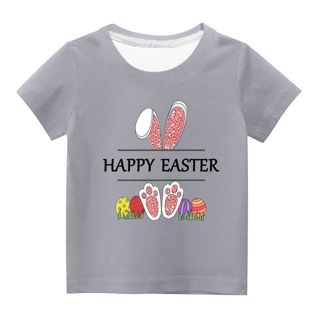 Penkiiy T-Shirts de Pâques pour Enfants Garçons Filles Mode Mignon Oreilles de Lapin de Pâques Œufs de Pâques Imprimé Col Rond Manches Courtes 7 Ans Gris