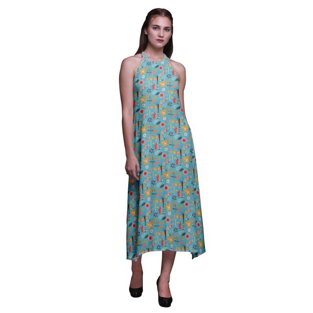 Bimba Robe Décontractée Florale Longue Dos Nu à Col Licou pour Femmes, Robe de Plage Imprimée - X-Grand