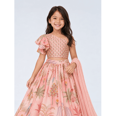 DWEEP SARA Elegant Peach Floral Printed Kids Lehenga Set, 6-7 Y(26)