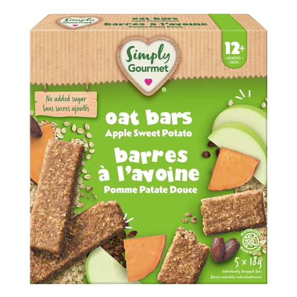Simply Gourmet Apple Sweet Potato Oat Bars, Gluten Free Toddler Snack for Self-Feeders 12 Months+, 18g Bar (5 Pack), 90g
