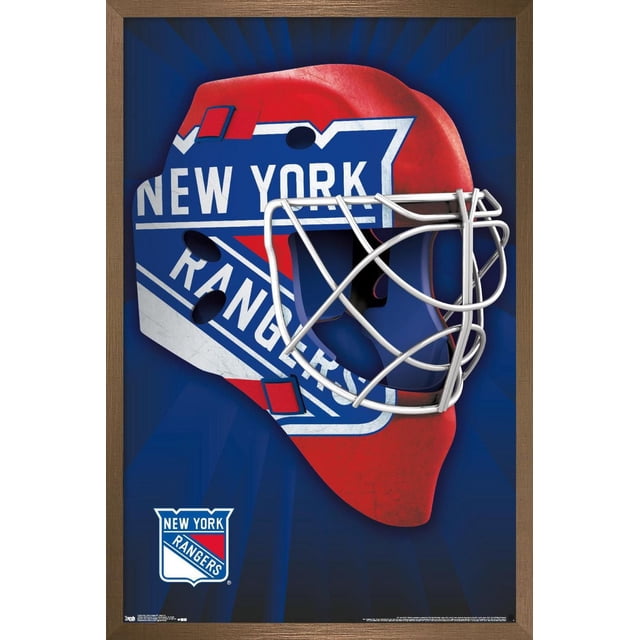 NHL New York Rangers - Mask 16 Wall Poster, 22.375" x 34" showing a front-facing hockey goalie mask with the New York Rangers logo in red, white, and blue on a dark blue background, framed in wood. This glossy wall art print is ideal for sports room decor or fan collections.