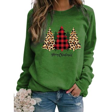Chandail à Col Rond avec Sapin de Noël pour Femmes Dames Chandail de Noël des Fêtes T-Shirt Haut Hiver Automne Printemps