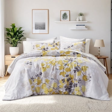 Regency Heights Ensembles de Douillette Format Double, Lit dans un Sac Double Jaune, Ensemble de Literie Botanique avec Douillette, Draps et Poches Latérales pour Résidence Universitaire, 9 Pcs