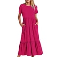 thumbnail image 1 of Jusqu'à 65 % de Rabais! Robes d'Été Mode pour Femmes 2024 Grande Taille Décontractées à Manches Courtes Col Ras du Cou Robe Décontractée Fluide à Étages Maxi de Plage avec Poches, 1 of 5