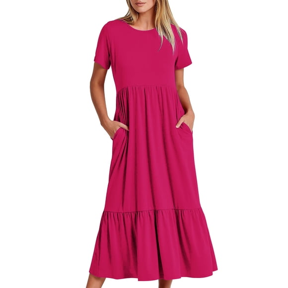FcBaudy Short Sleeve Round-Neck Mid-Calf Dress,Summer Dresses for Women Women's Summer Casual Short Sleeve Crewneck Dress Casual Flowy Tiered Maxi Beach Dress With Pockets lady imitate cotton dress