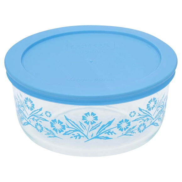 Contenant rond en verre de 4 tasses avec couvercle bleu en plastique