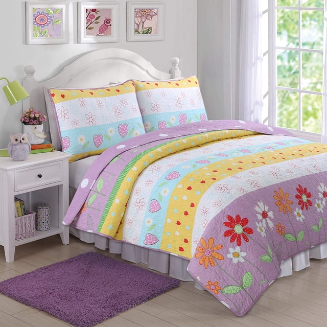 Cozy Line Home Fashions Ensemble de Courtepointe Réversible pour Fille à Imprimé Floral et Cœur, Couvre-Lit, Jeté de Lit (Jardin de Fleurs, Grand Lit - 3 Pcs)