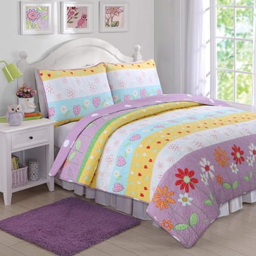 Cozy Line Home Fashions Courtepointe Réversible à Imprimé Floral et Cœur pour Fille, Ensemble de Literie Couvre-Lit (Jardin de Fleurs Simple - 2 Pcs)