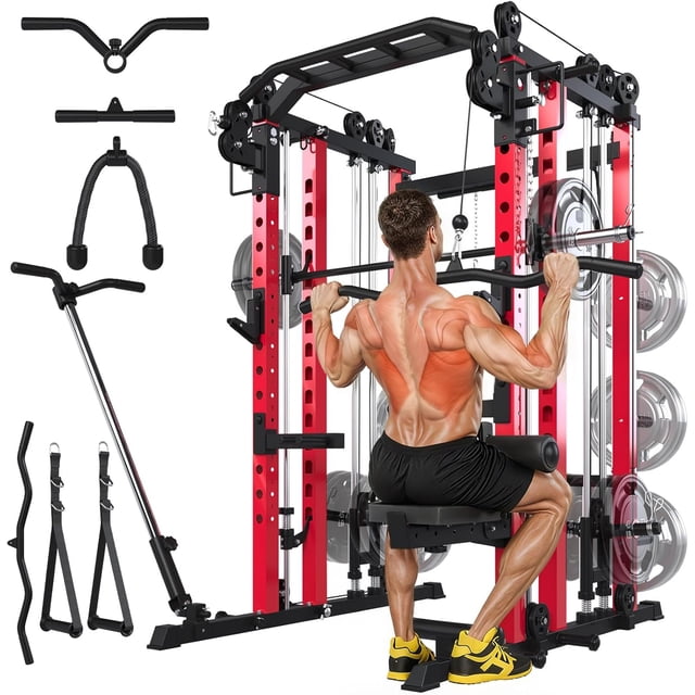U-MAX All-in-One Smith Machine Power Cage, 2000lbs Steel Frame LAT Pulldown Cable Crossover Squat Rack Home Gym