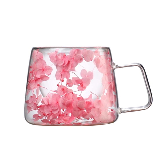 Fridja Double Wall Clear Glass Cup, 200ml Preserved Flower Mug with Insulated Handle, Compact Transparent Coffee Cups, Mother's Day Gift for Women Mom Female Grandma (Pink)