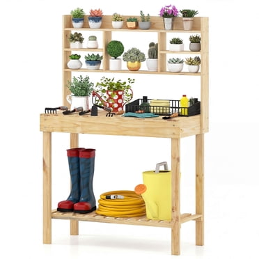 Costway Potting Bench Table with Flip-up Tabletop, Storage Shelves for Patio Porch Balcony Natural