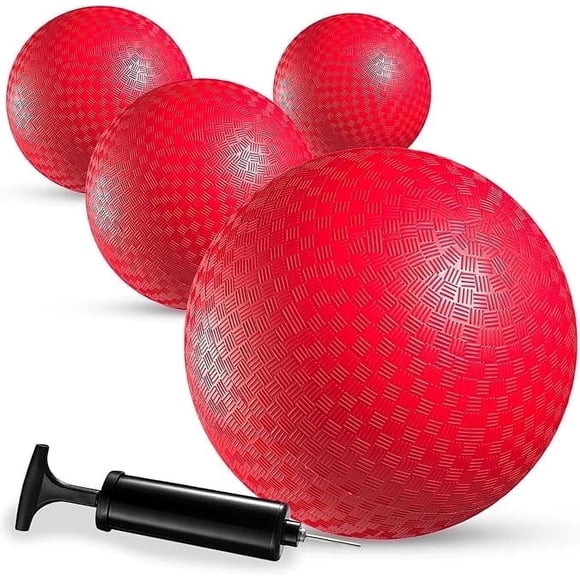 Bedwina Playground Balls Bulk - 4 Pack 8.5 Inch Red Rubber Kickballs with Air Pump for Kids and Adults, Bouncy Inflatable Balls for Dodgeball, Four Square, Handball and Indoor or Outdoor Games