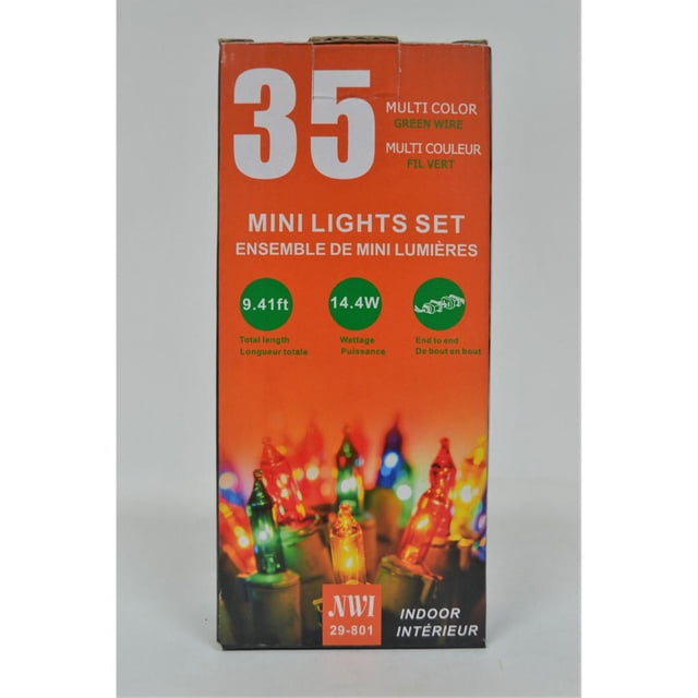 Ensemble de Mini Lumières d'Intérieur 35 Lt (Ampoules Multiples) Boîtier Affichant des Mini Lumières Multicolores avec Fil Vert, Longueur 9,41 Pi, Puissance 14,4 watts et Connexion Bout à Bout, Conçu pour une Utilisation Intérieure avec un Gros Plan d'Ampoules Lumineuses Colorées au Bas.