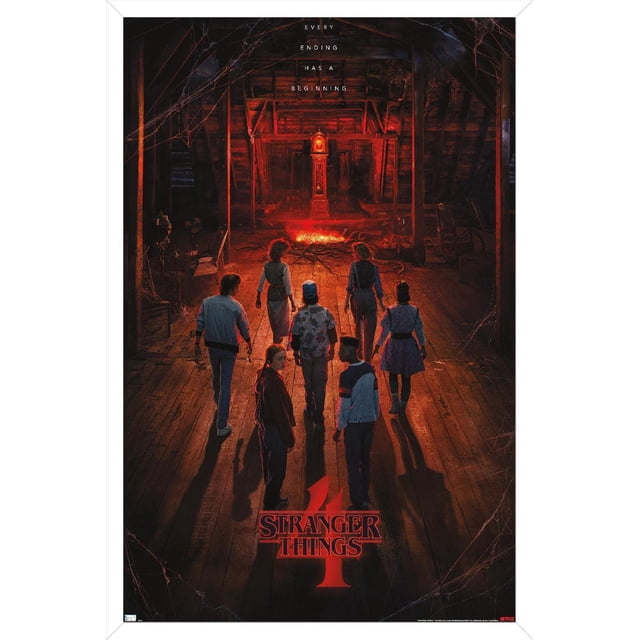 Netflix Stranger Things : Saison 4 - Affiche Murale Teaser « Creel House » en une Feuille avec Épingles, 22,375 Po x 34 Po Montrant Sept Personnages Marchant vers un Grand-Père Lumineux avec une Horloge dans un Grenier Sombre avec Planchers en Bois et Toiles d'Araignée, Illuminée par une Lumière Rouge, avec comme Slogan « Every ending has a beginning » et le logo Stranger Things 4 en Bas.