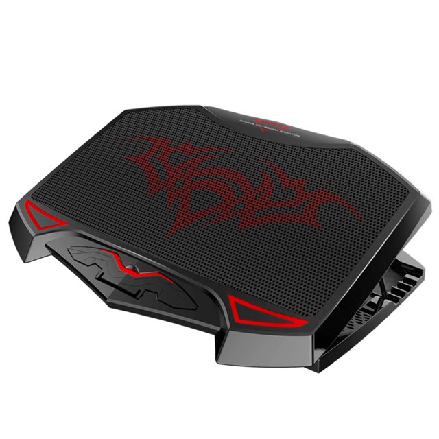 Tablette de Refroidissement pour Ordinateur Portable, Glacière pour Ordinateur Portable, Tablette de Refroidissement Mince Portable Alimentée par USB avec 3 Ventilateurs Silencieux, Conçue pour les Ordinateurs Portables de 15,6 à 17 Pouces. Présente un design de Style Gaming Noir et Rouge avec une surface Perforée et un Éclairage DEL Rouge. Comprend des Réglages de Hauteur Ajustables, des Déflecteurs Antidérapants et une Alimentation Double USB pour Plus de Commodité. Compacte et Légère pour la Portabilité.