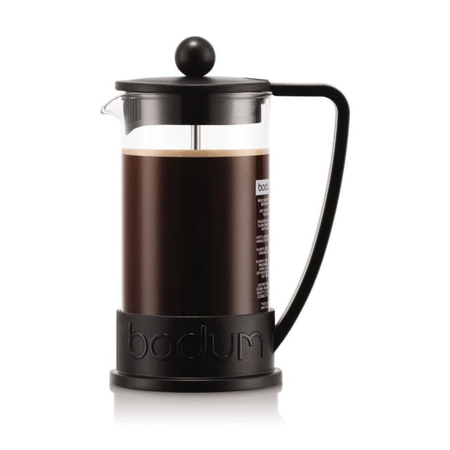 Brazil French Press Coffee Maker, 12 Oz., Black with a heat-resistant borosilicate glass carafe filled with brewed coffee, black BPA-free polypropylene handle and base embossed with Bodum branding, and a black lid with a round knob, shown front-facing on a white background. Suitable for brewing rich coffee without paper filters.