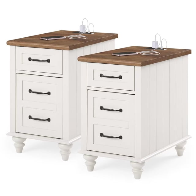 Wampat Table d'Extrémité avec Station de Recharge, Ensemble de 2, Table d'Appoint Style Ferme avec Tiroir de Rangement et Armoire, 2 Prises de Courant et 2 Ports USB pour Salon, Chêne Blanc