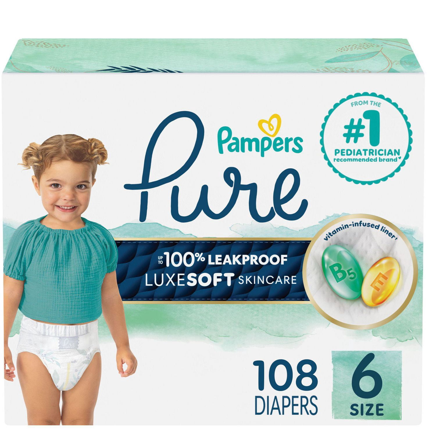 Pampers Pure Couches pour Bébé, Taille 6 (35+ lbs), 108, jusqu'à 100 % Anti-Fuites, Couches Douces Hypoallergènes de Qualité Supérieure