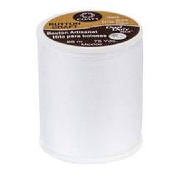 Coats & Clark Dual Duty Extra Strong Button & Craft Thread spool in white with a polished glacé finish, made of 74% polyester and 26% cotton, thread weight #10, designed for heavy-duty hand sewing and craft accessories.
