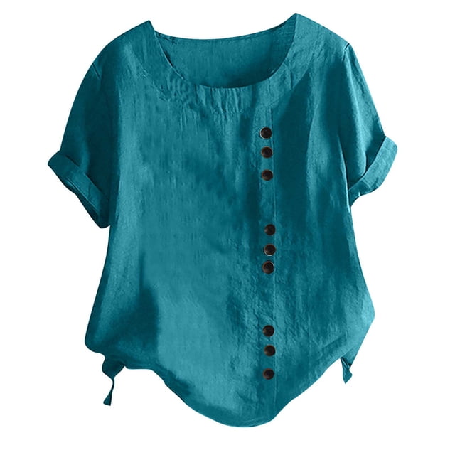 Mode Femme Été Col Rond Loisirs Manches Courtes Uni Boutons Hauts
