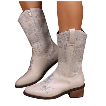 Bottes Western Larges Mi-Mollet pour Femmes, Style Cowboy/cowgirl, Paillettes, Bout Pointu, Talon Épais, Plissées, Bottines Courtes