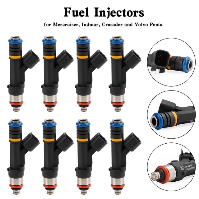 8PCS 0280158165 Fuel Injectors 0280158081 879312003 for Mercruiser Volvo Penta. The set includes eight black fuel injectors with blue, yellow, and red accents, designed for Mercruiser, Indmar, Crusader, and Volvo Penta engines. These aftermarket parts are flow-matched to OE standards, pressure and leak tested, and suitable for 5.0L, 5.7L, and 6.2L engines from 2007 to 2013. Close-up views highlight the connectors and nozzles.