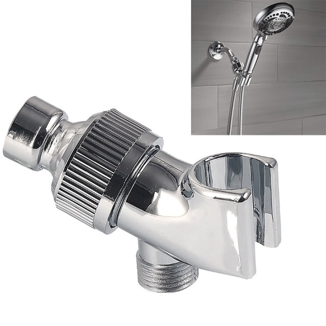 Agiferg Universal Shower Head Holder Arm Mounted Adjustable Screwed On Bracket Bathroom in a silver electroplated chrome finish. The holder features a sturdy ABS construction and a universal design compatible with half internal and external threads. It is shown in a close-up view with a secondary image displaying its installation with a shower head in a tiled bathroom setting.