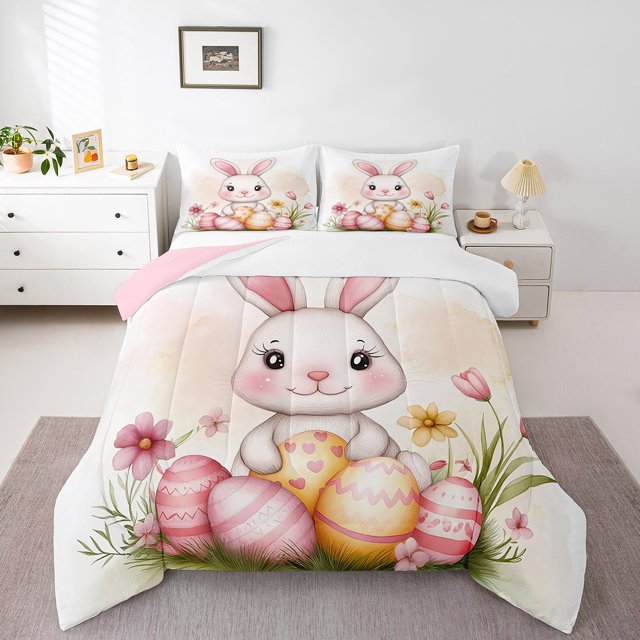 Erosebridal Cartoon Bunnies Rabbit Bedding Full Comforter Set, Watercolor Easter Eggs Blossoms Down Comforter, Reversible 3 Pieces