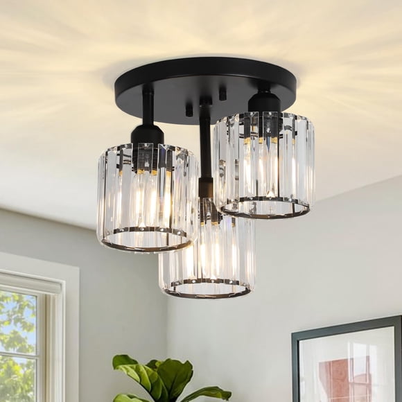 PAUFUL Crystal Semi Flush Mount Ceiling Light,3-Light Modern Close to Ceiling Light Fixtures,Black Kitchen Light Fixtures with Cl