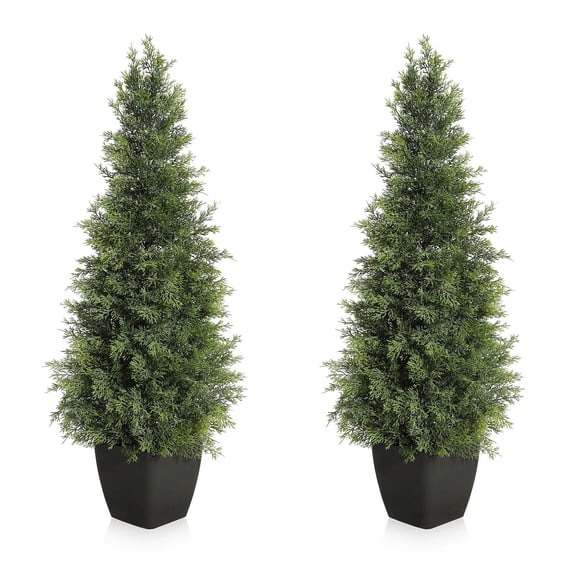 Artificial Cedar Topiary Trees 3ft 2 Pack,Outdoor Indoor Faux Pine Shrubs Plants,Maintenance-Free Artificial Trees for Front Door, Porch, Garden & Home Décor