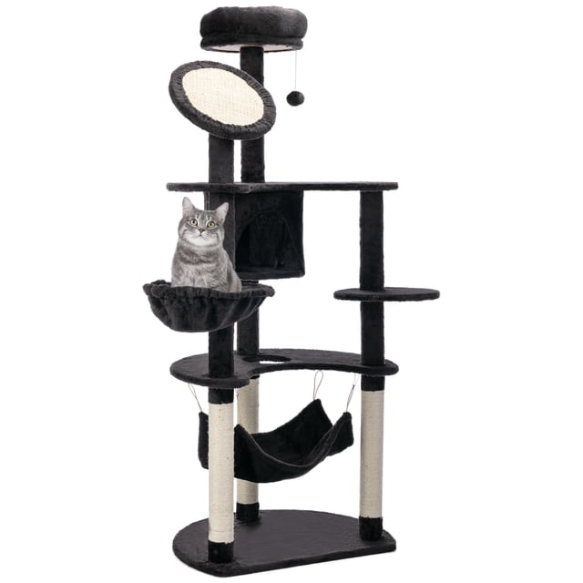 PawHut Multi-Level Plush Cat Tree for Large Cats Adult, 60" H, Dark Grey. This multi-level cat tower features natural sisal-covered scratching posts, a scratching board, a hanging ball, a soft condo, a hammock, a cozy basket, and perches. Made of particle board with plush and sisal rope, it promotes scratching and climbing while protecting furniture. The space-saving design fits corners and includes a dangling pom-pom toy for added fun. Dimensions: 25.6" L x 19.7" W x 60.2" H.