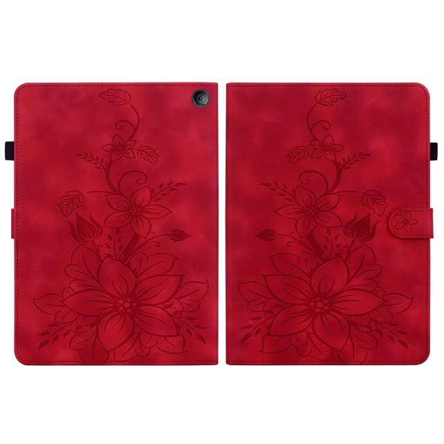 FJLBDE Étui pour Amazon Kindle Fire 7 (12e Gén., Version 2022), Portefeuille Folio à Rabat en Cuir PU à Motif de Fleurs Embossé avec Support, Rouge