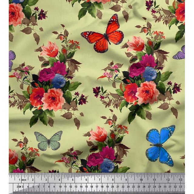 Soimoi Moss Georgette Fabric Leaves, & Peony Floral Decor Fabric Printed Yard 42 Inch Wide