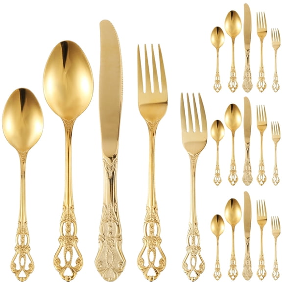 Jetcloudlive Ensemble de 20 Pcs de Couverts Dorés, Ensembles d'Ustensiles Rétro Royaux en Acier Inoxydable pour 4, Ensemble de Coutellerie de Luxe Doré Incluant Fourchettes Cuillères Couteaux, Poli Miroir, Va au Lave-Vaisselle