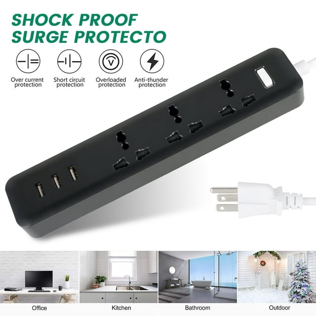 Barre d'Alimentation Extérieure Étanche avec 3 Ports Usb et 3 Prises CA, Ports de Recharge Rapide, Cordon d'Extension, Prise Plate, Protection contre les Surcharges