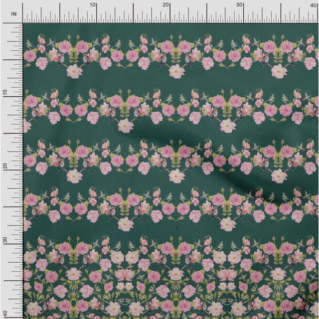 Soimoi Green Rayon Crepe Fabric Flowerpecker & Floral Panel Printed Fabric 1 Yard 46 Inch Wide