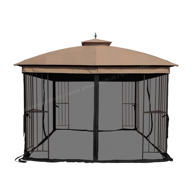 APEX GARDEN 10' x 10' Mosquito Netting for Gazebo Replacement, featuring black netting with tan fabric trim and zippers on each side. Designed to fit most 10' x 10' metal frame gazebos, including Model# L-GZ038PST-F. Includes plastic clip-rings for hanging. Suitable for use as gazebo curtains. Gazebo and canopy top not included.