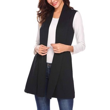 Gilet Long pour Femmes Cardigan Ouvert Mode Manteau Sans Manches avec Poche Latérale Vêtements pour Filles, Noir, G