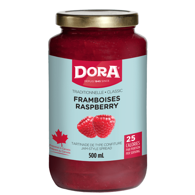 E-DORA DORA RASPB LIGHT JAM is a 500 mL glass jar of classic raspberry jam-style spread with a gold metal lid, light blue label featuring two raspberries and a Canadian maple leaf, with 25 calories per serving, ideal for cheese platters, pastries, or breakfast toast.